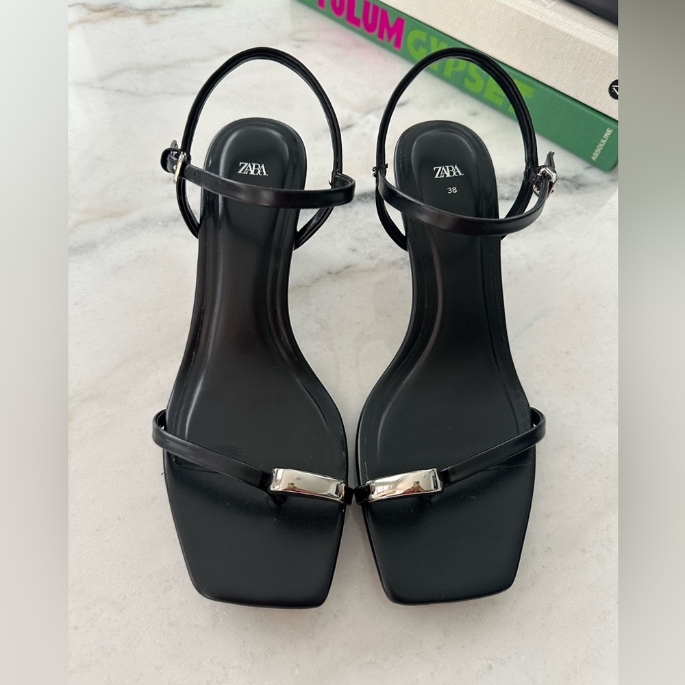 Zara Strappy Black Sandals with Silver Toe Ring Accents